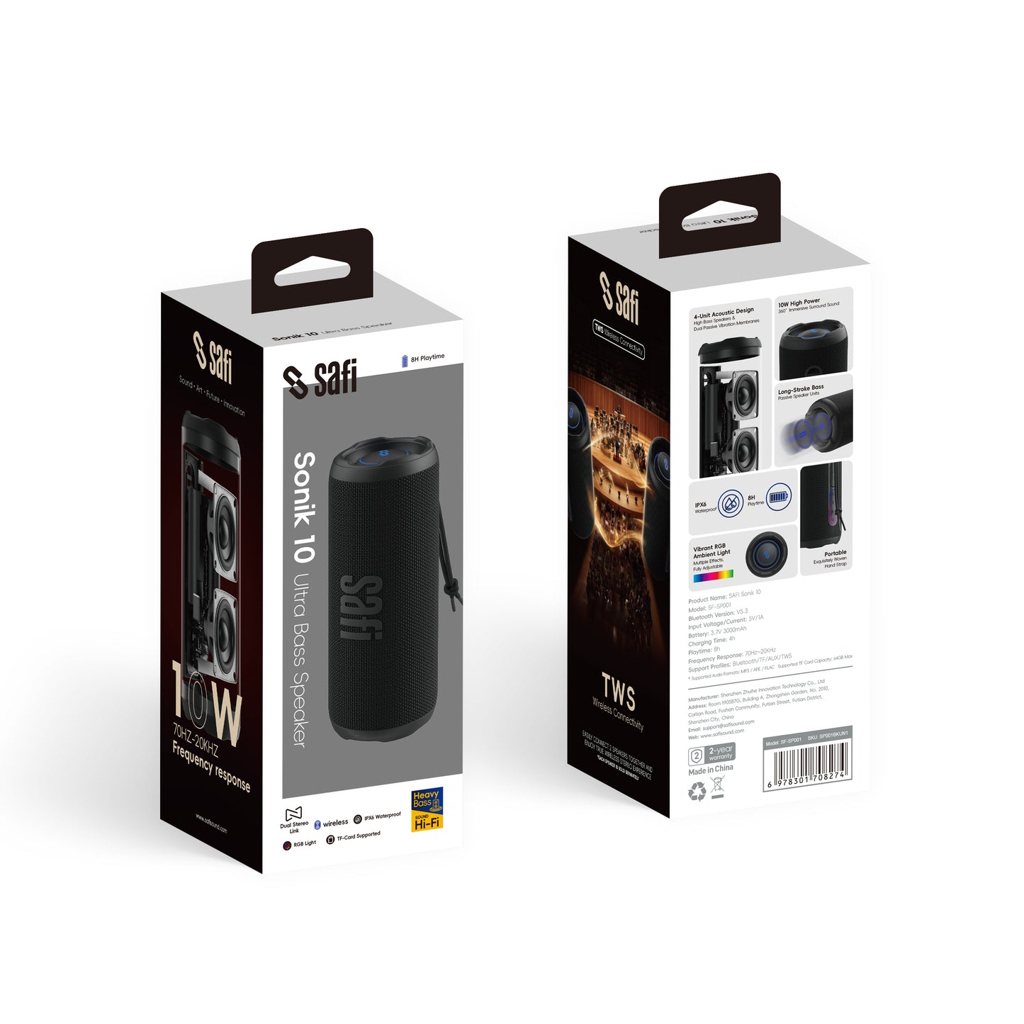 SAFI Sonik 10 10W Protable Bluetooth Speaker with RGB Light Black (TF-Card Supported)