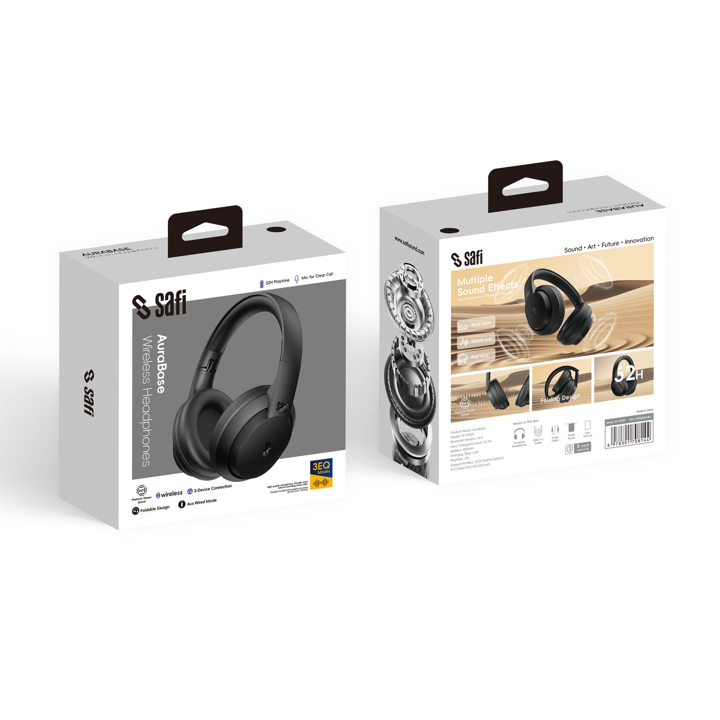 SAFI AuraBase Foldable Over-Ear Wireless Headphones with Adjustable EQ