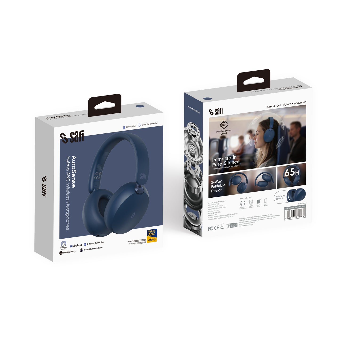 SAFI AuraSense Hybrid Active Noise Cancelling Over-Ear Wireless Headphones