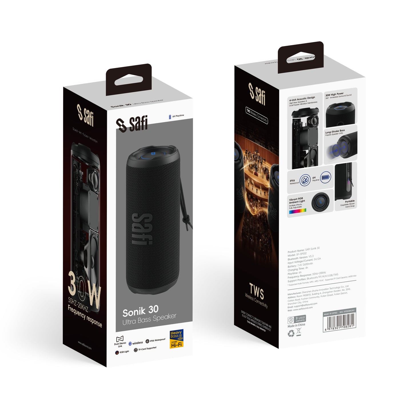 SAFI Sonik 30 30W Protable Bluetooth Speaker with RGB Light Black (TF-Card Supported)